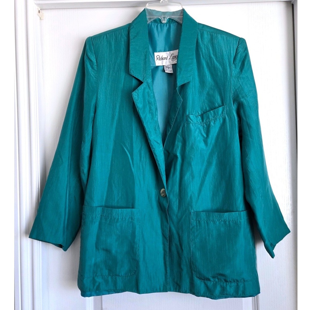Richard Lang Vintage 100% Silk Blazer Teal Green Single Button Jacket Sz S Prep